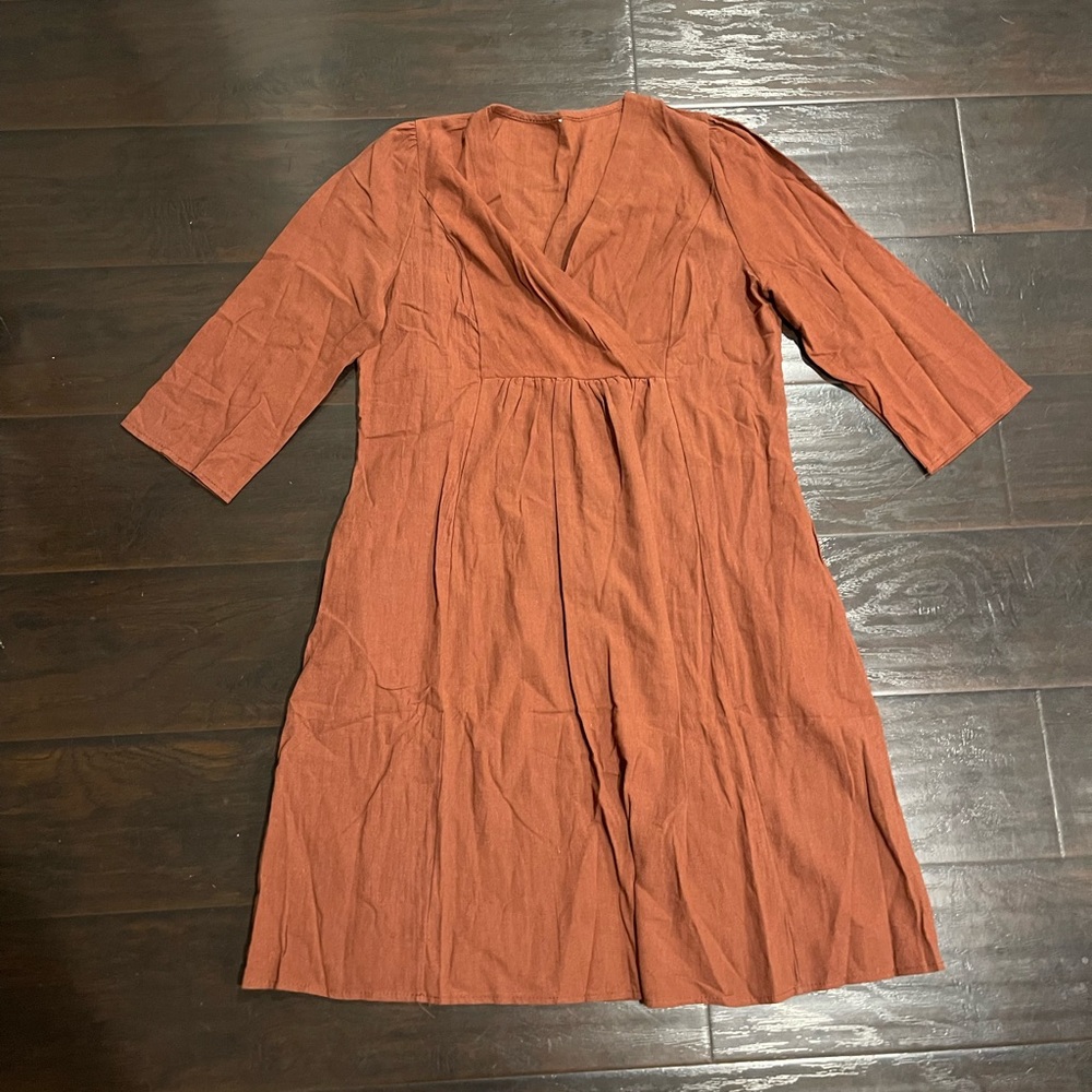Elegant Rust Faux Wrap Dress Size Small 3/4 Sleeves Casual Brunch Fall